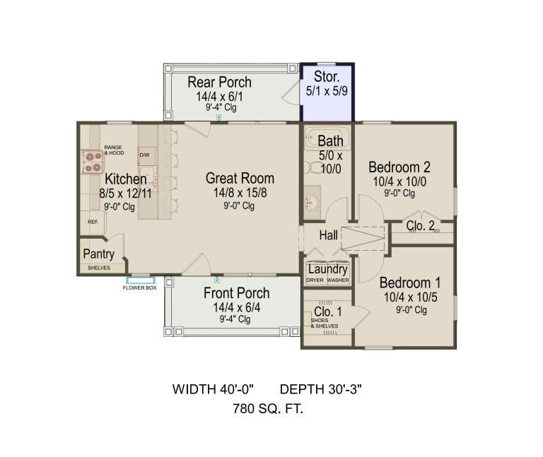 Main floor plan drawing with 2BR, 1BA, kitchen, great room, pantry, Ldry, 2 closets, storage, front and rear porches. House Plan # 8292-00057