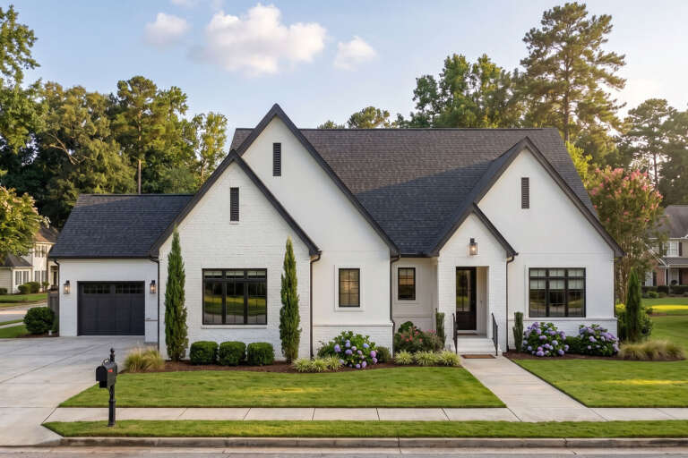 Front view of a white house in Modern Transitional style, painted brick, dark roof, black windows, and lush landscaping. House Plan # 963-01342