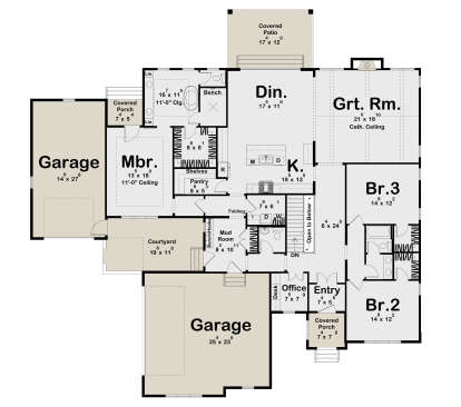 Main floor plan drawing with 3BR, 2BA, kitchen, great room, office, mudroom, pantry, 2 garages, courtyard, and 2 porches. House Plan # 963-01342