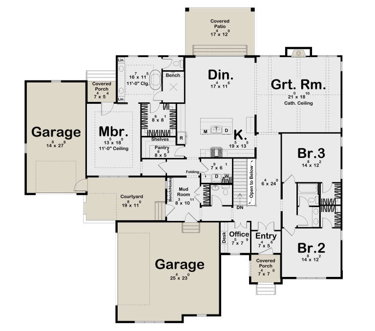 Main floor plan drawing with 3BR, 2BA, kitchen, great room, office, mudroom, pantry, 2 garages, courtyard, and 2 porches. House Plan # 963-01342