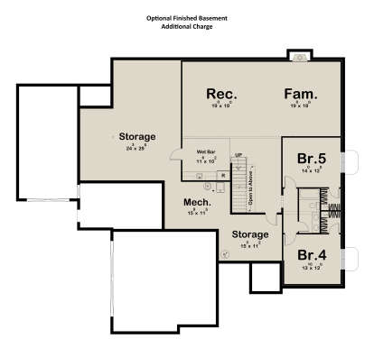 Basement floor plan drawing with 2BR, 1BA, rec room, family room, wet bar, mech room, storage, and stairs. House Plan # 963-01342
