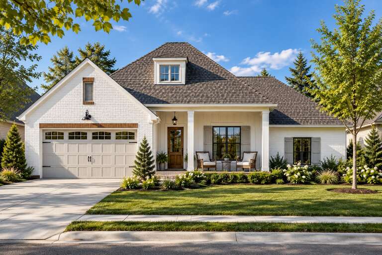 Front view of a white house in Modern Farmhouse style, brick siding, gabled roof, wood door, and landscaped front yard. House Plan # 9035-00260