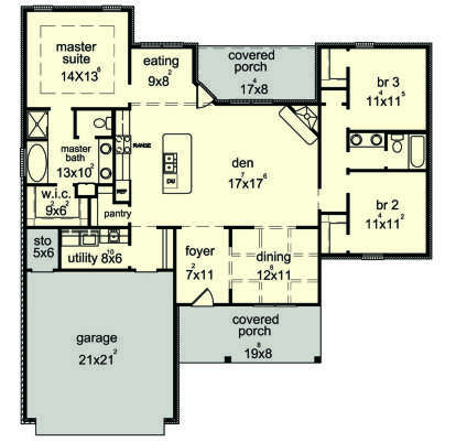 Main floor plan drawing with 3BR, 2BA, den, dining, eating area, WIC, pantry, utility, 2-car garage, and 2 covered porches. House Plan # 9035-00260