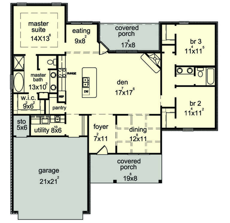 Main floor plan drawing with 3BR, 2BA, den, dining, eating area, WIC, pantry, utility, 2-car garage, and 2 covered porches. House Plan # 9035-00260