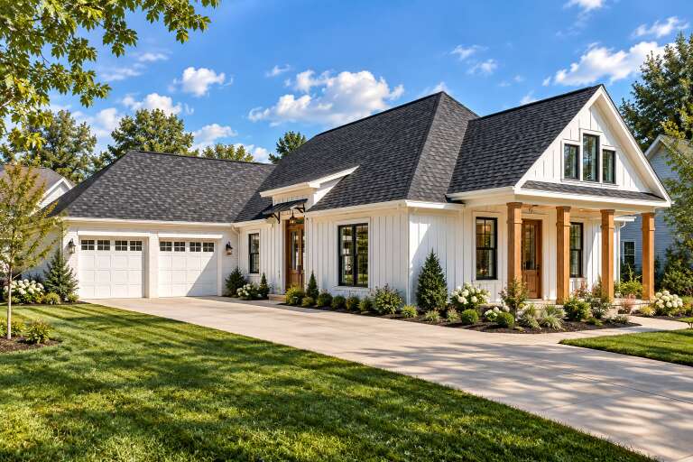 Angled front view of a white house in Modern Farmhouse style, board-and-batten siding, wood porch posts, black roof. House Plan # 9035-00261