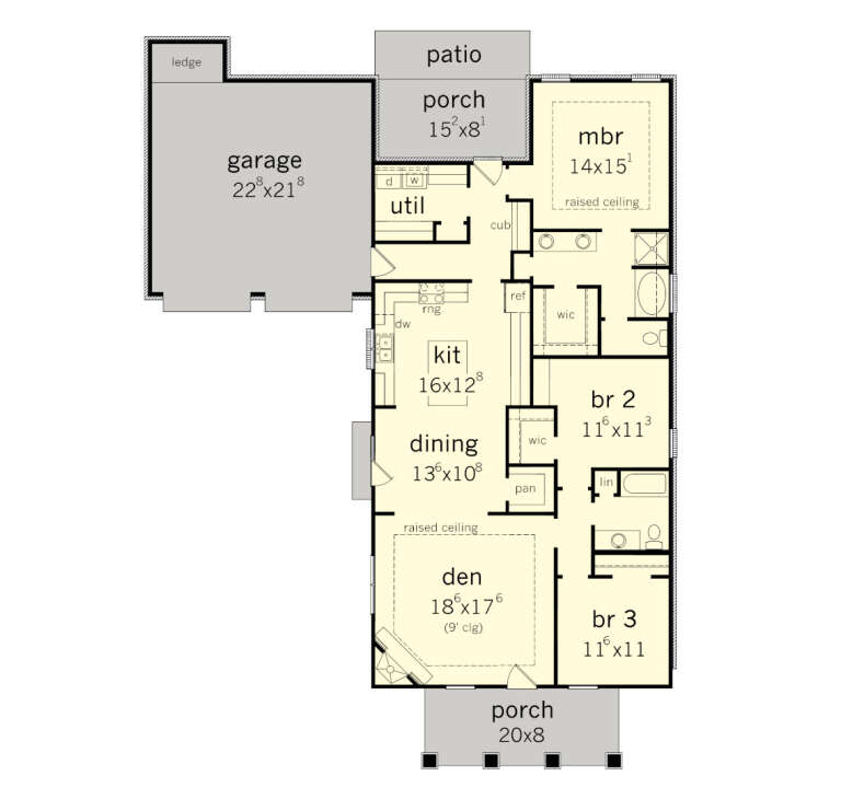 Main floor plan drawing with 3BR, 2BA, den, kitchen, dining, WIC, util, 2-car garage, porch, patio, and raised ceilings. House Plan # 9035-00261