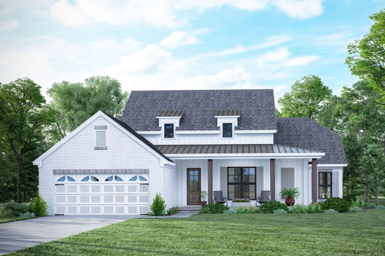 Front view of a white house in Modern Farmhouse style, brick facade, metal roof accents, dormers, and covered porch. House Plan # 9035-00262