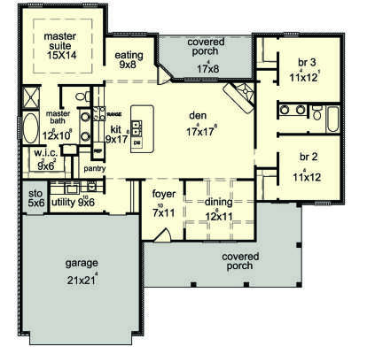 Main floor plan drawing with 3BR, 2BA, kitchen, den, dining, pantry, WIC, utility, 2-car garage, and 2 covered porches. House Plan # 9035-00262