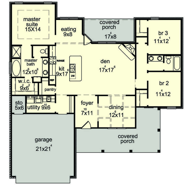 Main floor plan drawing with 3BR, 2BA, kitchen, den, dining, pantry, WIC, utility, 2-car garage, and 2 covered porches. House Plan # 9035-00262