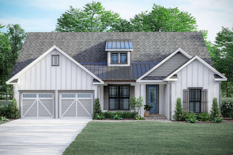 Front view of a white house in Craftsman style, board-and-batten siding, metal roof accents, and blue front door. House Plan # 9035-00263