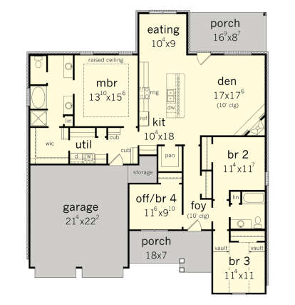 Main floor plan drawing with 3BR, office, 2BA, kitchen, den, eating area, WIC, 2-car garage, 2 porches, and vaulted ceilings. House Plan # 9035-00263