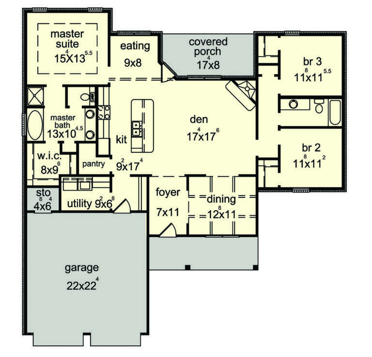 Main floor plan drawing with 3BR, 2BA, kitchen, den, dining, pantry, WIC, Ldry, 2-car garage, and covered porch. House Plan # 9035-00264