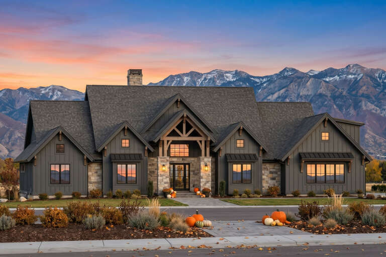 Front view of a dark gray Craftsman house, stone accents, timber trusses, gabled roof, and autumn landscaping. House Plan # 7983-00214