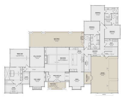 Main floor plan drawing with 4BR, 3.5BA, great room, gym, study, pantry, mud room, 3-car garage, porch, and fireplace. House Plan # 7983-00214