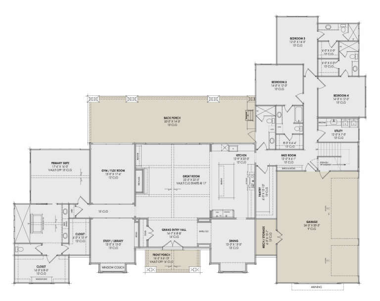 Main floor plan drawing with 4BR, 3.5BA, great room, gym, study, pantry, mud room, 3-car garage, porch, and fireplace. House Plan # 7983-00214