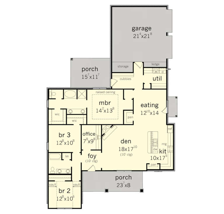Main floor plan drawing with 3BR, 2BA, den, kitchen, eating area, office, WIC, 2-car garage, 2 porches, and vaulted ceilings. House Plan # 9035-00265