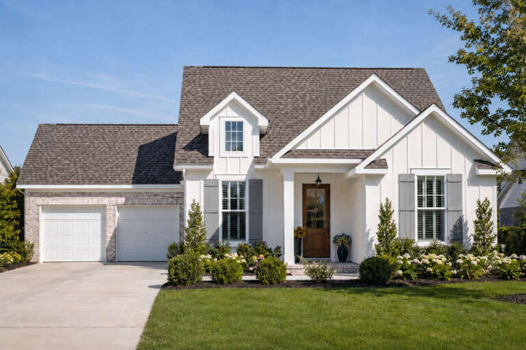 Front view of a white house, board-and-batten siding, brick garage, gray shutters, wood door, and gabled rooflines. House Plan # 9035-00266