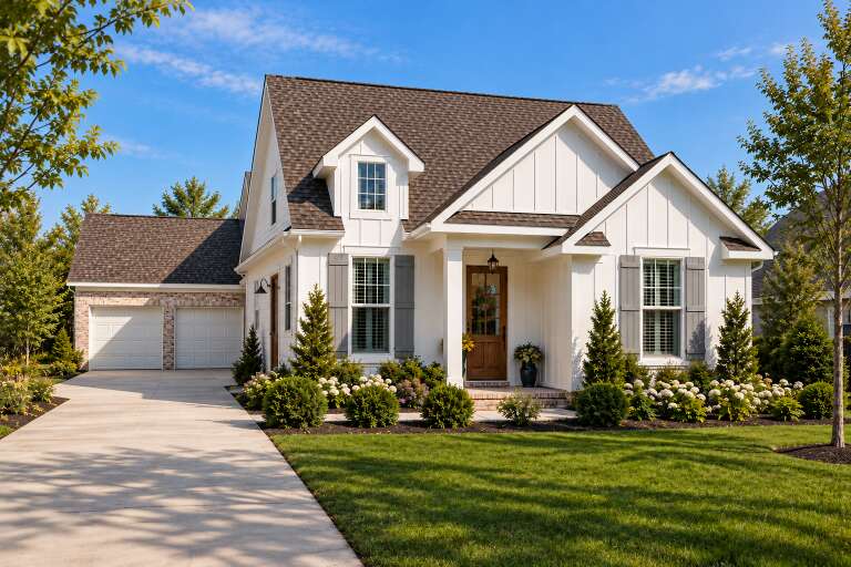 Angled front view of a white house in Modern Farmhouse style, board-and-batten siding, gray shutters, and gabled roof. House Plan # 9035-00266