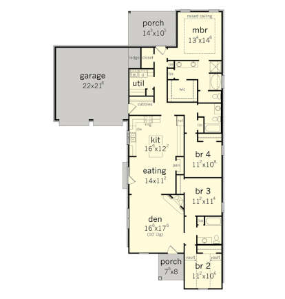 Main floor plan drawing with 4BR, 3BA, den, kitchen, eating area, WIC, 2-car garage, porch, raised/vaulted ceilings. House Plan # 9035-00266