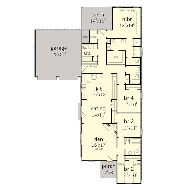 Main floor plan drawing with 4BR, 3BA, den, kitchen, eating area, WIC, 2-car garage, porch, raised/vaulted ceilings. House Plan # 9035-00266
