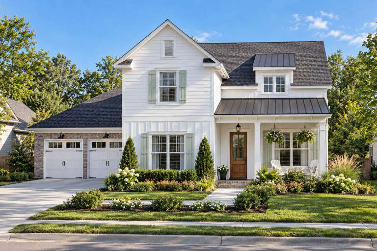 Front view of a white house, board-and-batten siding, sage shutters, metal roof accents, and a covered front porch. House Plan # 9035-00267