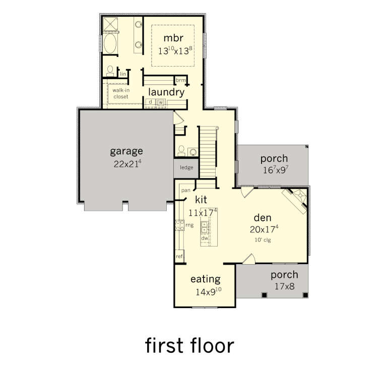 First-floor plan drawing with 1BR, 1.5BA, kitchen, den, eating area, Ldry, WIC, 2-car garage, 2 porches, and fireplace. House Plan # 9035-00267