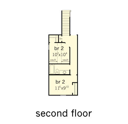 Second-floor plan drawing with 2BR, 1BA, linen closet, stairs, and vaulted ceilings. House Plan # 9035-00267