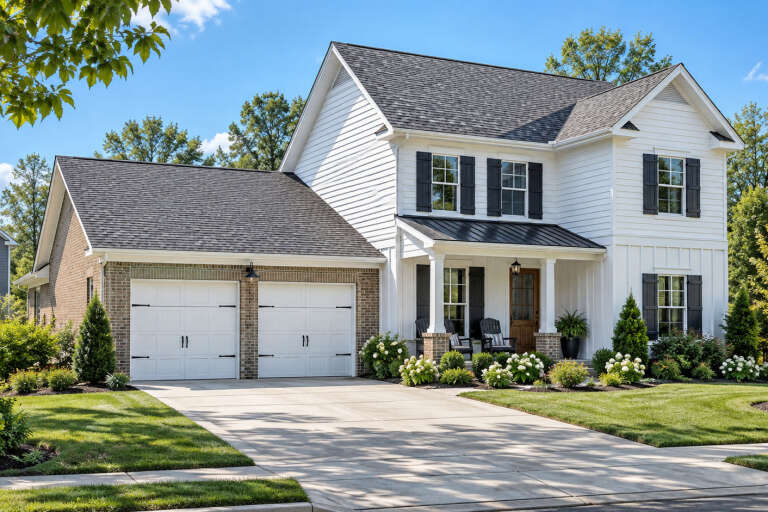 Angled front view of a white house in Modern Farmhouse style, brick garage, black shutters, and covered front porch. House Plan # 9035-00268