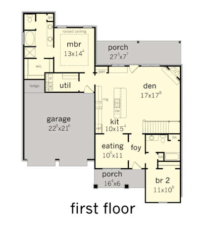 First-floor plan drawing with 2BR, 2BA, den, kitchen, eating area, WIC, 2-car garage, 2 porches, and raised ceiling MBR. House Plan # 9035-00268