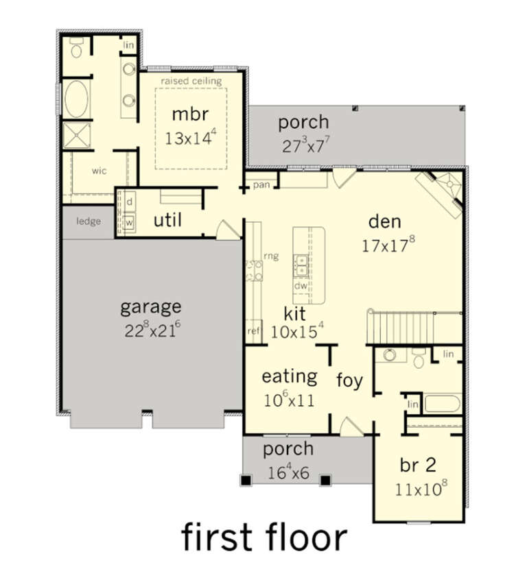First-floor plan drawing with 2BR, 2BA, den, kitchen, eating area, WIC, 2-car garage, 2 porches, and raised ceiling MBR. House Plan # 9035-00268