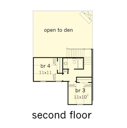 Second floor plan drawing with 2BR, 1BA, linen closet, stairs, vaulted ceilings, and open-to-den area. House Plan # 9035-00268