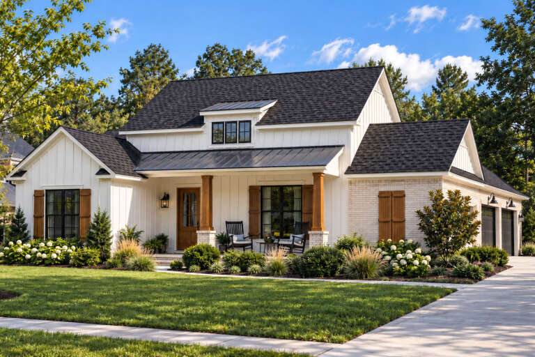 Angled front view of a white house in Modern Farmhouse style, board-and-batten siding, brick accents, and metal roof. House Plan # 9035-00269