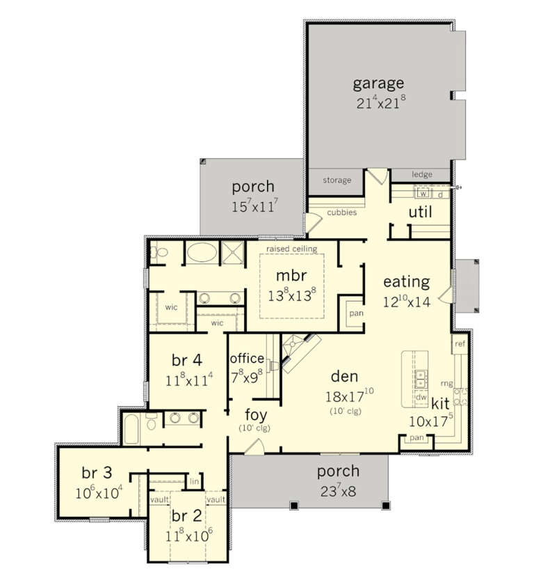 Main floor plan drawing with 4BR, 2BA, kitchen, eating area, den, office, WIC, 2-car garage, storage, and 2 porches. House Plan # 9035-00269