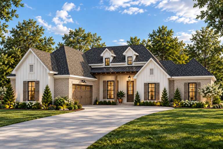 Front view of a white house in Modern Farmhouse style, brick and board-and-batten siding, wood accents, and dark roof. House Plan # 9035-00270