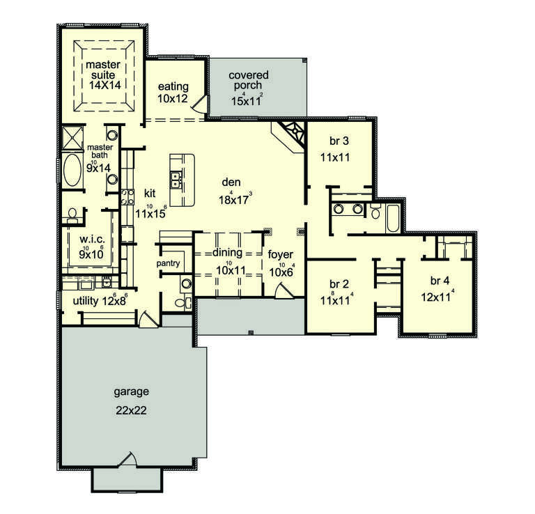 Main floor plan drawing with 4BR, 2.5BA, den, kitchen, dining, pantry, WIC, utility, 2-car garage, and covered porch. House Plan # 9035-00270