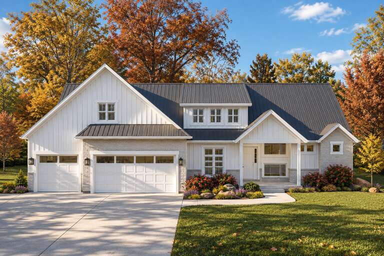 Front view of a white house in Modern Farmhouse style, metal roof, board-and-batten siding, stone base, and landscaping. House Plan # 2802-00584