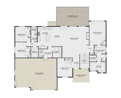 Main floor plan drawing with 3BR, 3BA, kitchen, dining, family room, office, pantry, Ldry, 3-car garage, and 2 covered porches. House Plan # 2802-00584