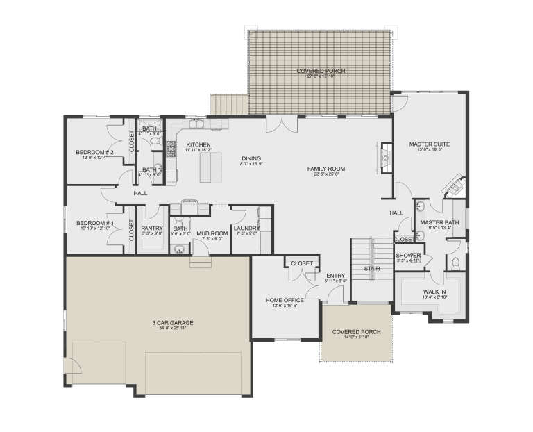 Main floor plan drawing with 3BR, 3BA, kitchen, dining, family room, office, pantry, Ldry, 3-car garage, and 2 covered porches. House Plan # 2802-00584