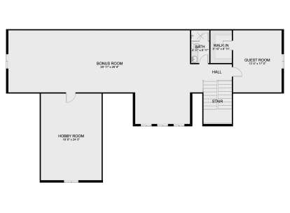 Second-floor plan drawing with guest room, BA, WIC, bonus room, hobby room, hall, and stairs. House Plan # 2802-00584