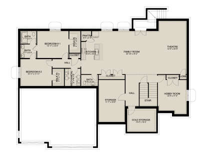Basement floor plan drawing with 2BR, 2BA, kitchen, family room, theatre, hobby room, storage, cold storage, and stairs. House Plan # 2802-00584
