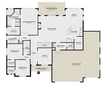 Main floor plan drawing with 3BR, 2BA, office, great room, kitchen, pantry, mud room, Ldry, 3-car garage, and 2 porches. House Plan # 2802-00585