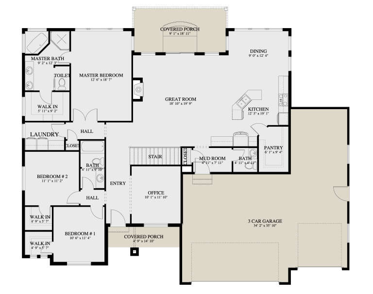 Main floor plan drawing with 3BR, 2BA, office, great room, kitchen, pantry, mud room, Ldry, 3-car garage, and 2 porches. House Plan # 2802-00585
