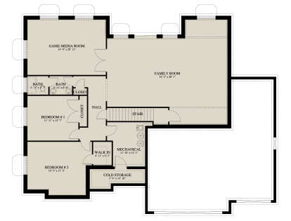 Basement floor plan drawing with 2BR, 2BA, family room, game room, WIC, mechanical room, cold storage, and stairs. House Plan # 2802-00585