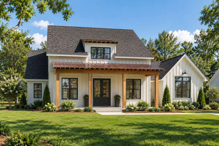 Front view of a white house in Modern Farmhouse style, copper shed roof, wood posts, black windows, and lush landscaping. House Plan # 9035-00271