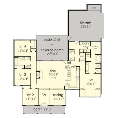 Main floor plan drawing with 4BR, 2.5BA, den, kitchen, eating area, Ldry, WIC, 2-car garage, covered porch, and patio. House Plan # 9035-00271