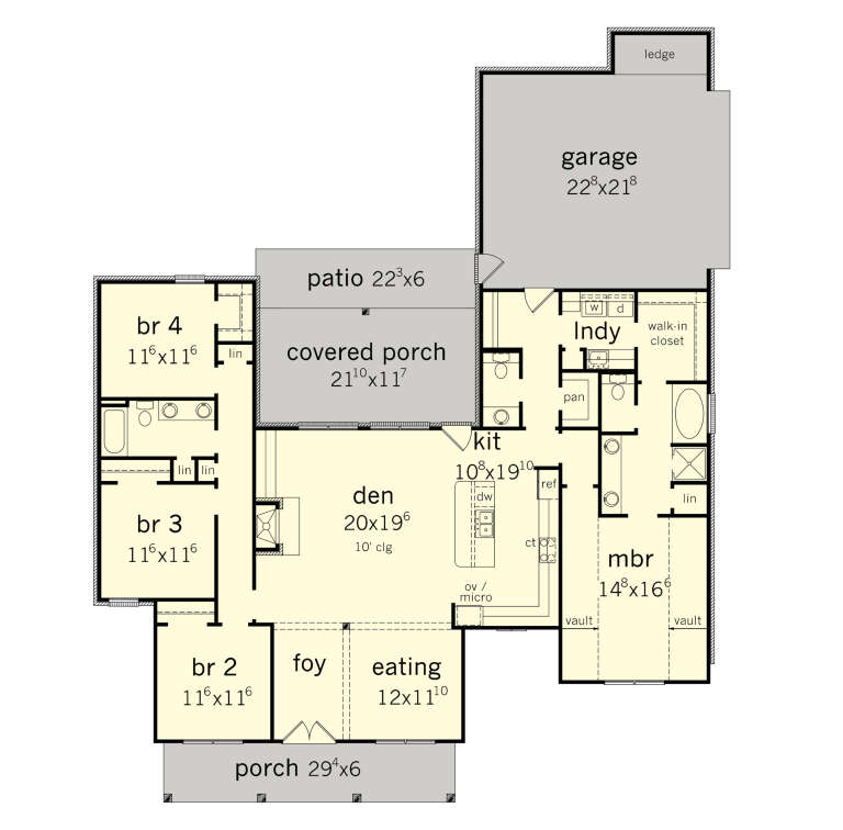 Main floor plan drawing with 4BR, 2.5BA, den, kitchen, eating area, Ldry, WIC, 2-car garage, covered porch, and patio. House Plan # 9035-00271