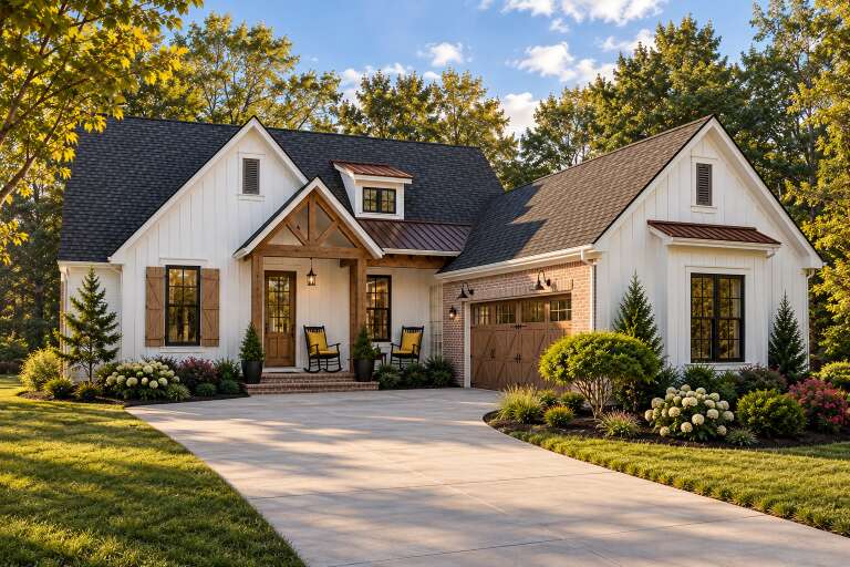Angled front view of a white house in Modern Farmhouse style, board-and-batten siding, timber porch, and brick accents. House Plan # 9035-00272