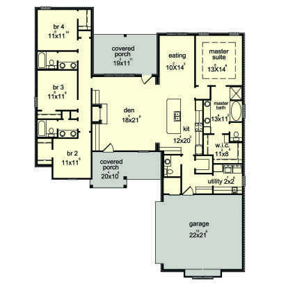 Main floor plan drawing with 4BR, 2.5BA, den, kitchen, eating area, WIC, utility, 2-car garage, and 2 covered porches. House Plan # 9035-00272
