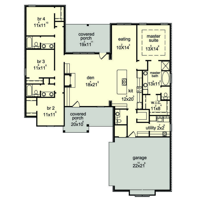 Main floor plan drawing with 4BR, 2.5BA, den, kitchen, eating area, WIC, utility, 2-car garage, and 2 covered porches. House Plan # 9035-00272