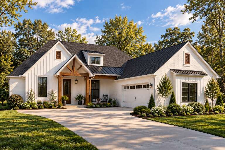 Angled front view of a white house in Modern Farmhouse style, board-and-batten, brick, wood porch, and black roof. House Plan # 9035-00273